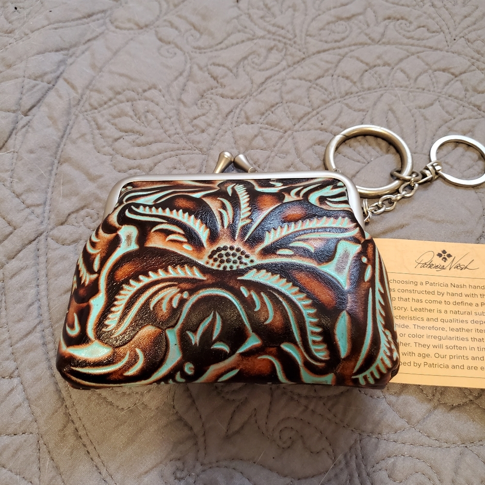 Patricia Nash Brown and Turquoise Tooled Leather Coin Purse Keyring